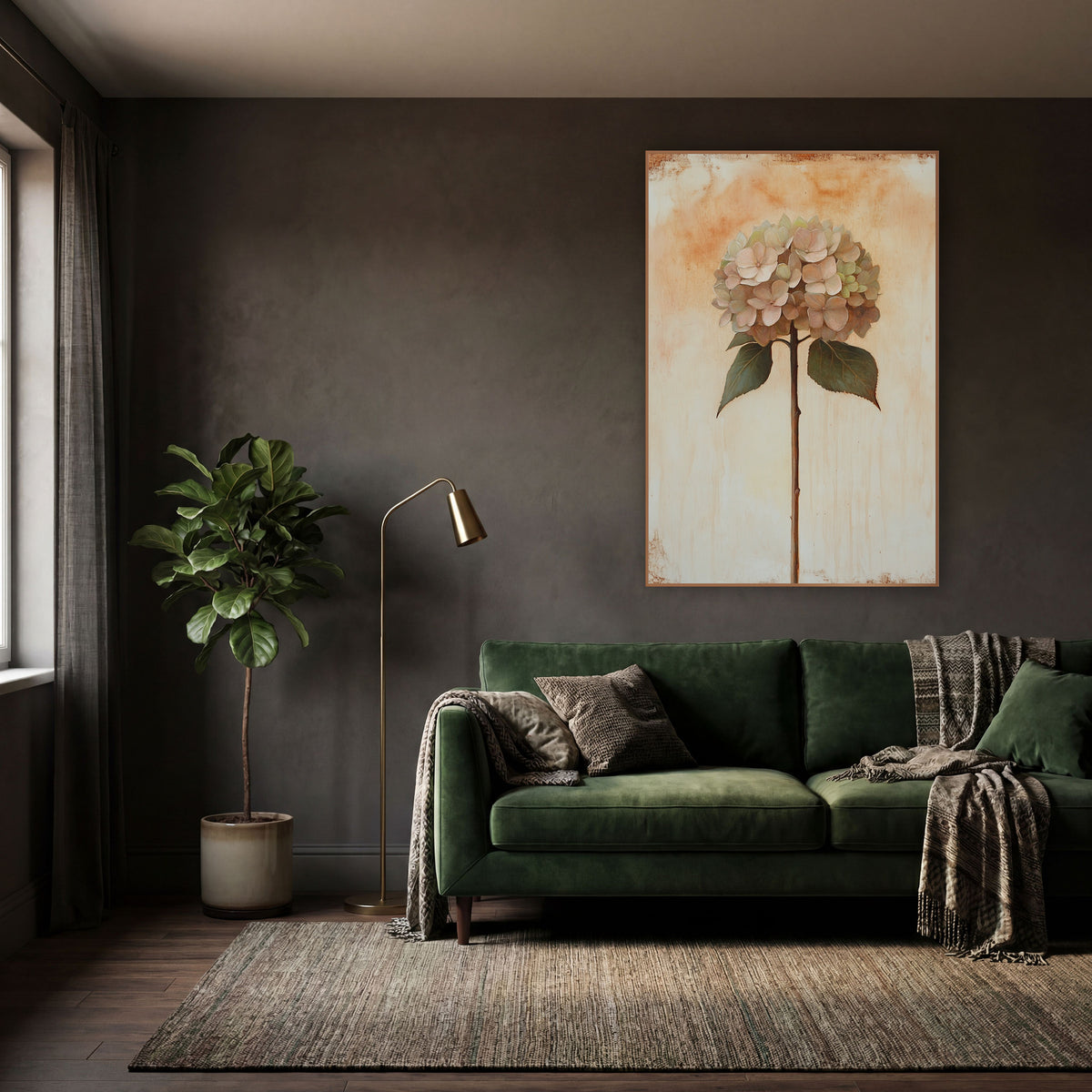Blush Hydrangea Bloom Vintage Botanical wall art in a moody dark academia room – blush pink hydrangea on a tall brown