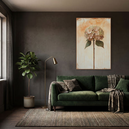 Blush Hydrangea Bloom Vintage Botanical wall art in a moody dark academia room – blush pink hydrangea on a tall brown