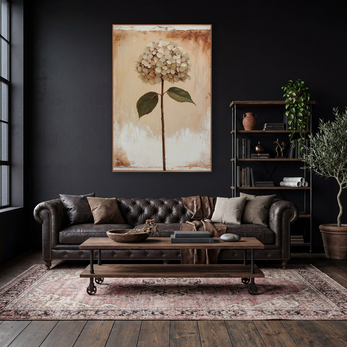 Cream Hydrangea Stem Botanical Vintage wall art in a moody dark academia room – cream hydrangea on a long brown stem