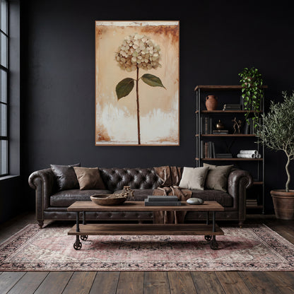 Cream Hydrangea Stem Botanical Vintage wall art in a moody dark academia room – cream hydrangea on a long brown stem