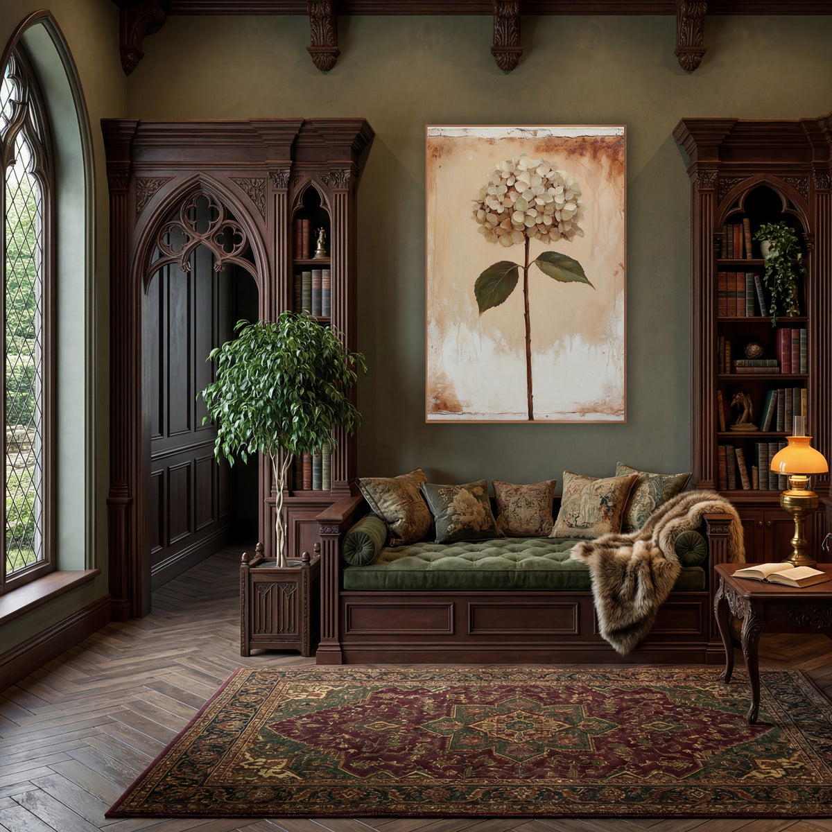 Cream Hydrangea Stem Botanical Vintage wall art in a moody dark academia room – cream hydrangea on a long brown stem