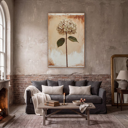 Cream Hydrangea Stem Botanical Vintage wall art in a moody dark academia room – cream hydrangea on a long brown stem