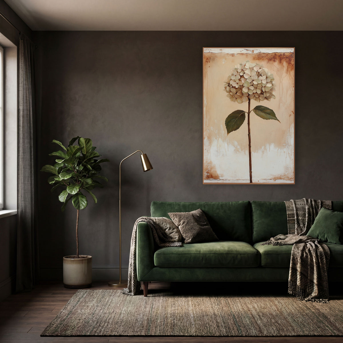 Cream Hydrangea Stem Botanical Vintage wall art in a moody dark academia room – cream hydrangea on a long brown stem