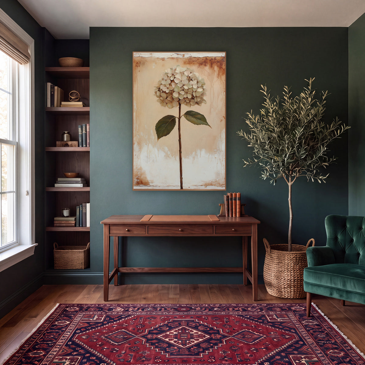 Cream Hydrangea Stem Botanical Vintage wall art in a moody dark academia room – cream hydrangea on a long brown stem
