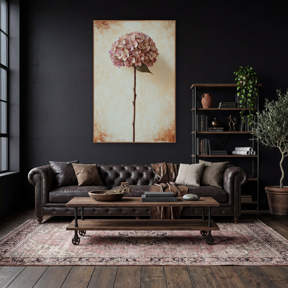 Tall Stem Dusty Hydrangea Vintage wall art in a moody dark academia room – dusty rose dried hydrangea on a tall stem