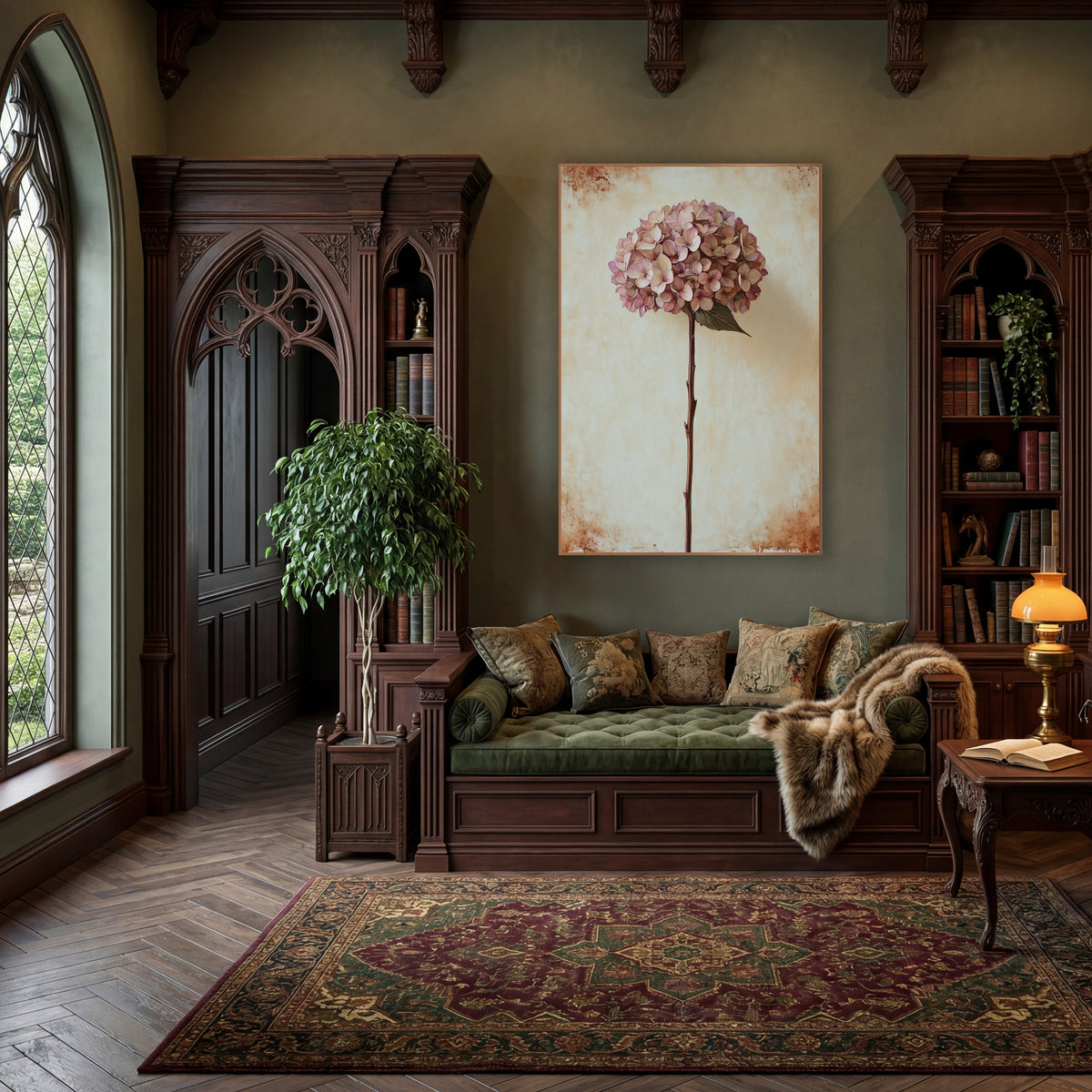 Tall Stem Dusty Hydrangea Vintage wall art in a moody dark academia room – dusty rose dried hydrangea on a tall stem