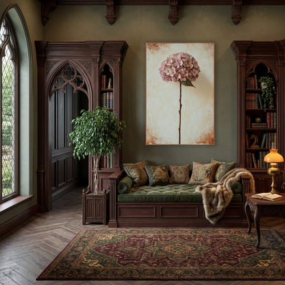 Tall Stem Dusty Hydrangea Vintage wall art in a moody dark academia room – dusty rose dried hydrangea on a tall stem