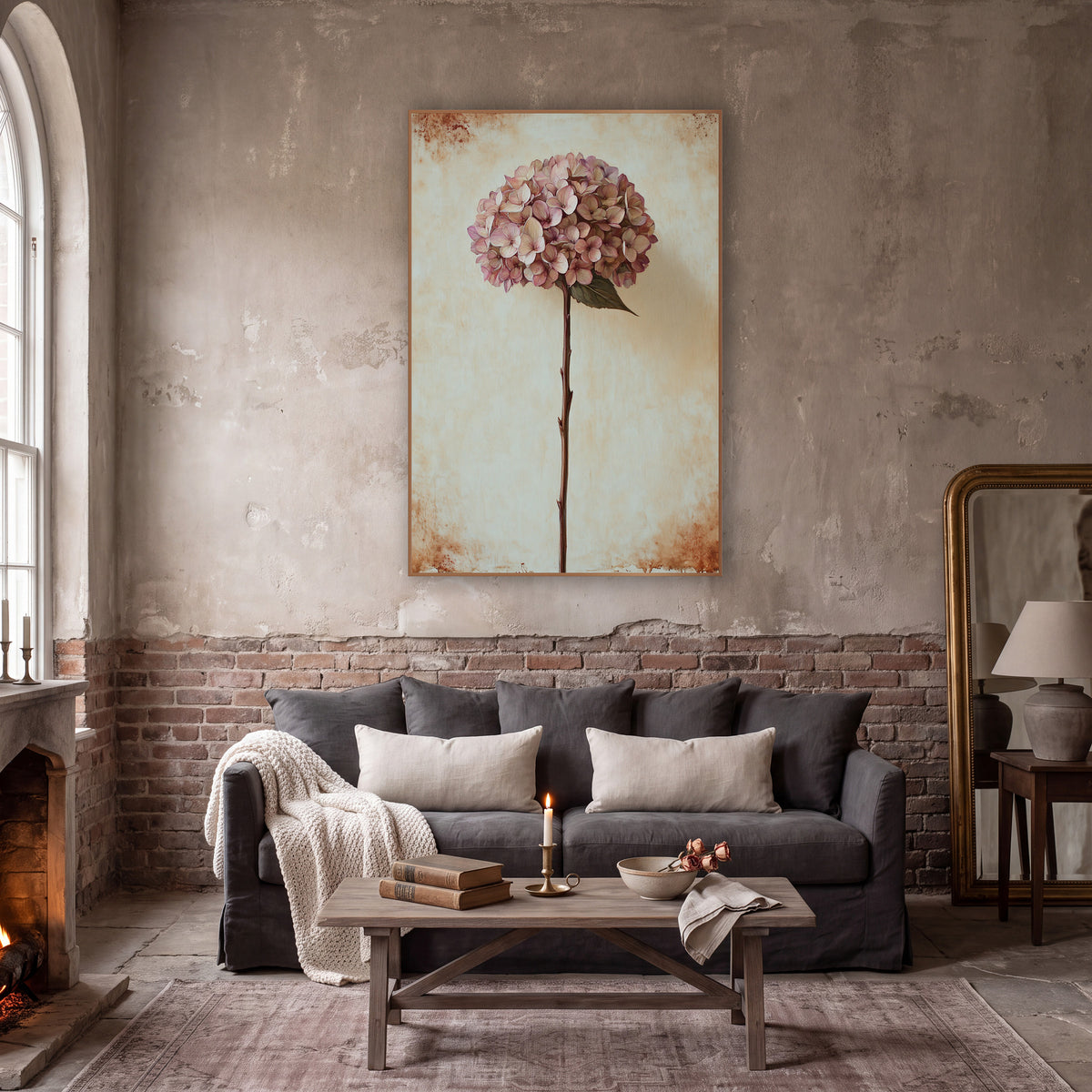 Tall Stem Dusty Hydrangea Vintage wall art in a moody dark academia room – dusty rose dried hydrangea on a tall stem