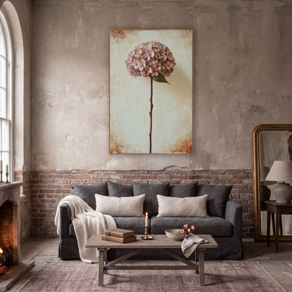 Tall Stem Dusty Hydrangea Vintage wall art in a moody dark academia room – dusty rose dried hydrangea on a tall stem