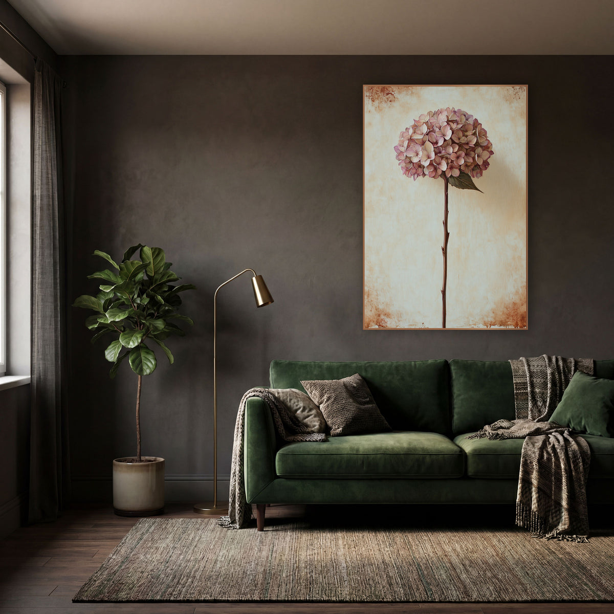 Tall Stem Dusty Hydrangea Vintage wall art in a moody dark academia room – dusty rose dried hydrangea on a tall stem
