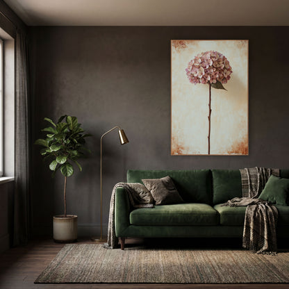 Tall Stem Dusty Hydrangea Vintage wall art in a moody dark academia room – dusty rose dried hydrangea on a tall stem
