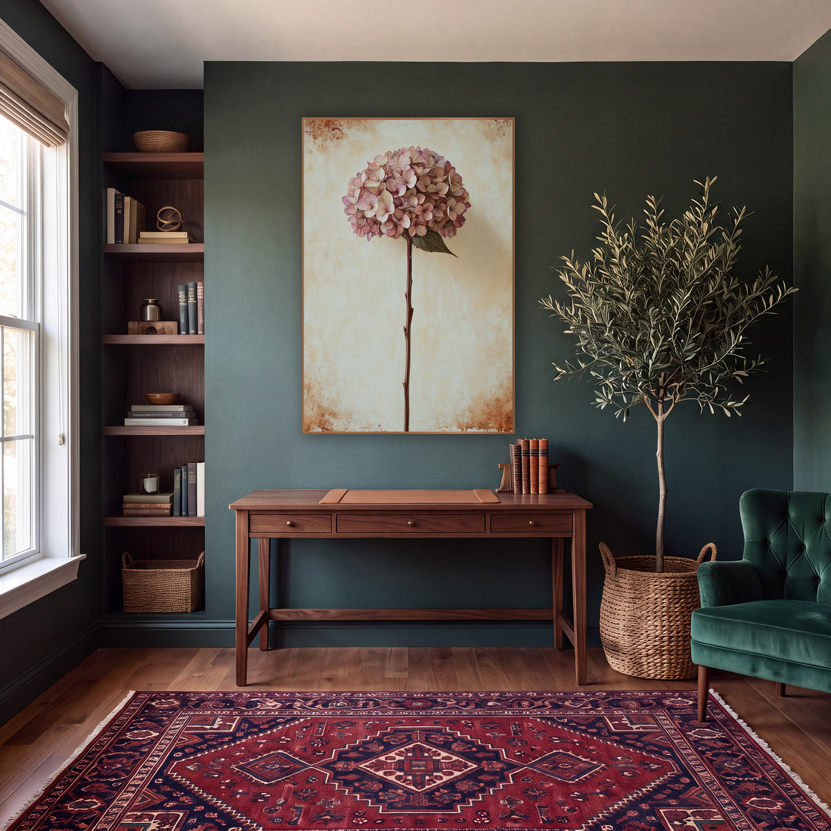 Tall Stem Dusty Hydrangea Vintage wall art in a moody dark academia room – dusty rose dried hydrangea on a tall stem