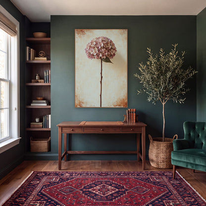 Tall Stem Dusty Hydrangea Vintage wall art in a moody dark academia room – dusty rose dried hydrangea on a tall stem