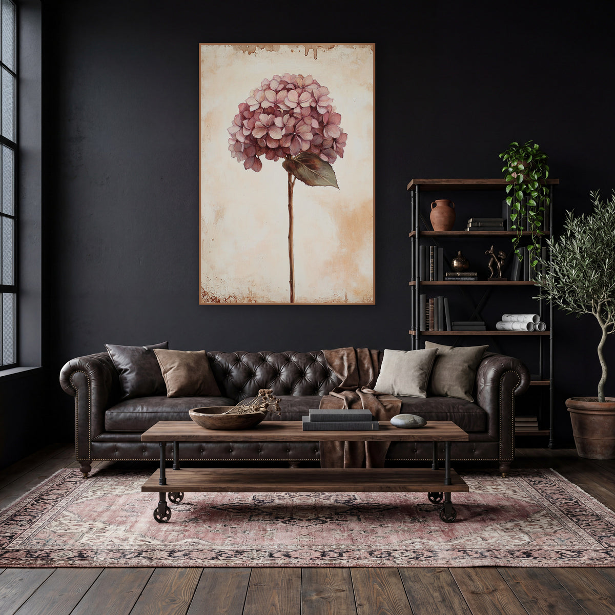 Mauve Hydrangea Broad Leaf Classic wall art in a moody dark academia room – dusty rose hydrangea bloom on a slender