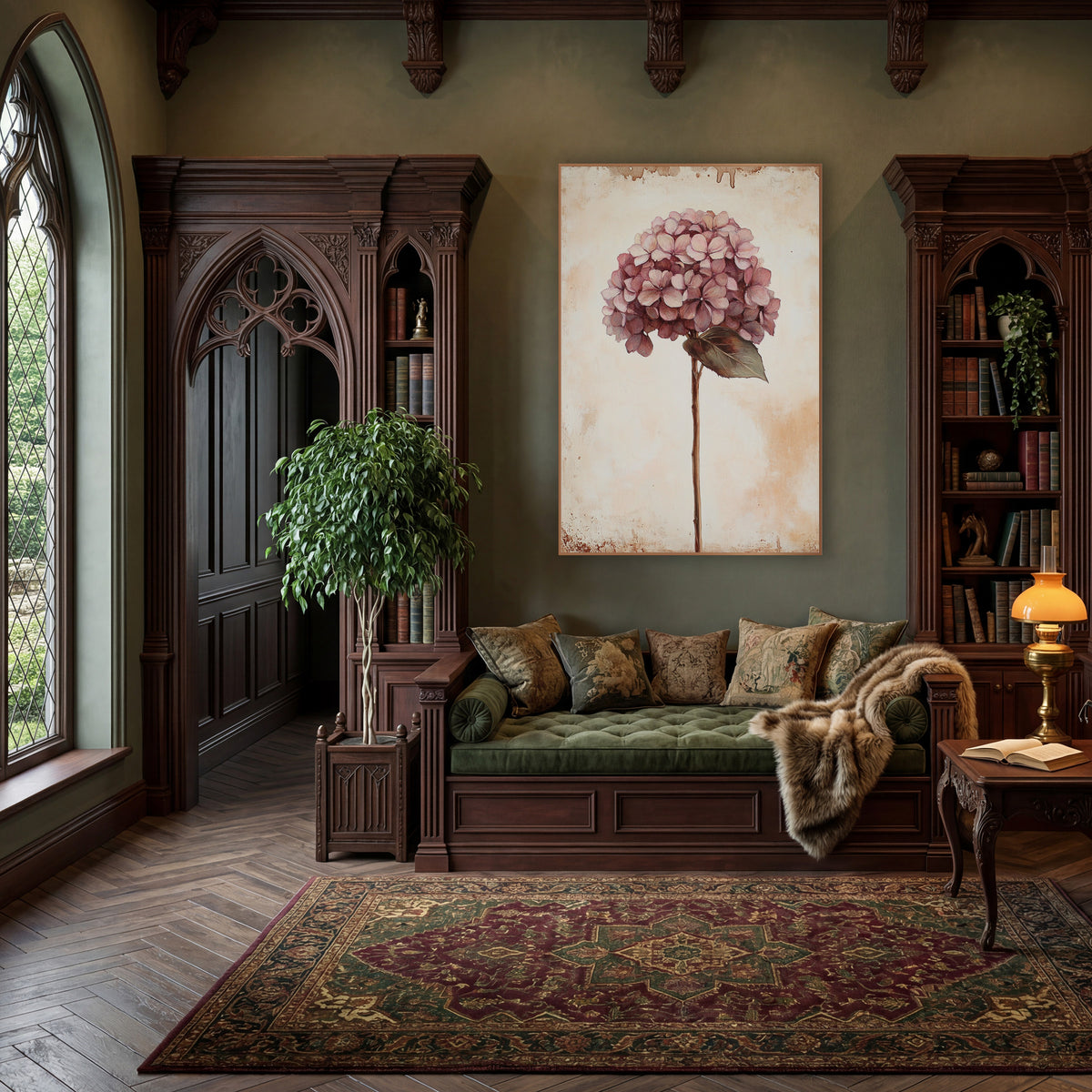 Mauve Hydrangea Broad Leaf Classic wall art in a moody dark academia room – dusty rose hydrangea bloom on a slender