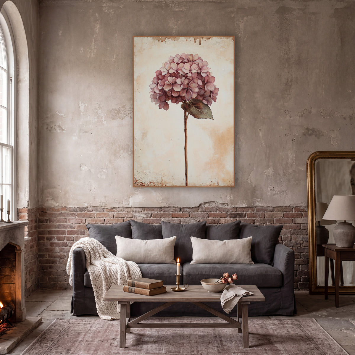 Mauve Hydrangea Broad Leaf Classic wall art in a moody dark academia room – dusty rose hydrangea bloom on a slender