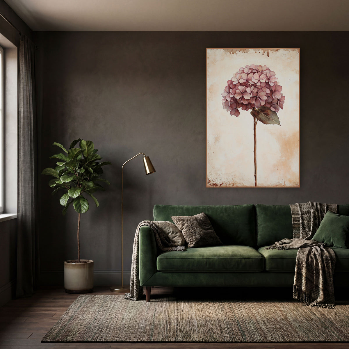Mauve Hydrangea Broad Leaf Classic wall art in a moody dark academia room – dusty rose hydrangea bloom on a slender