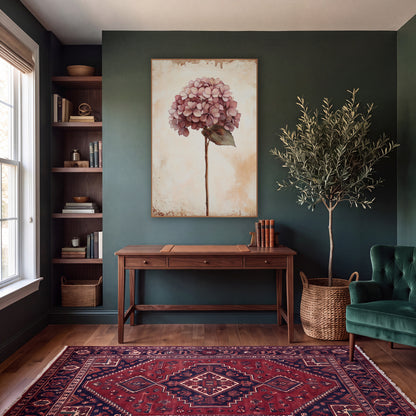 Mauve Hydrangea Broad Leaf Classic wall art in a moody dark academia room – dusty rose hydrangea bloom on a slender