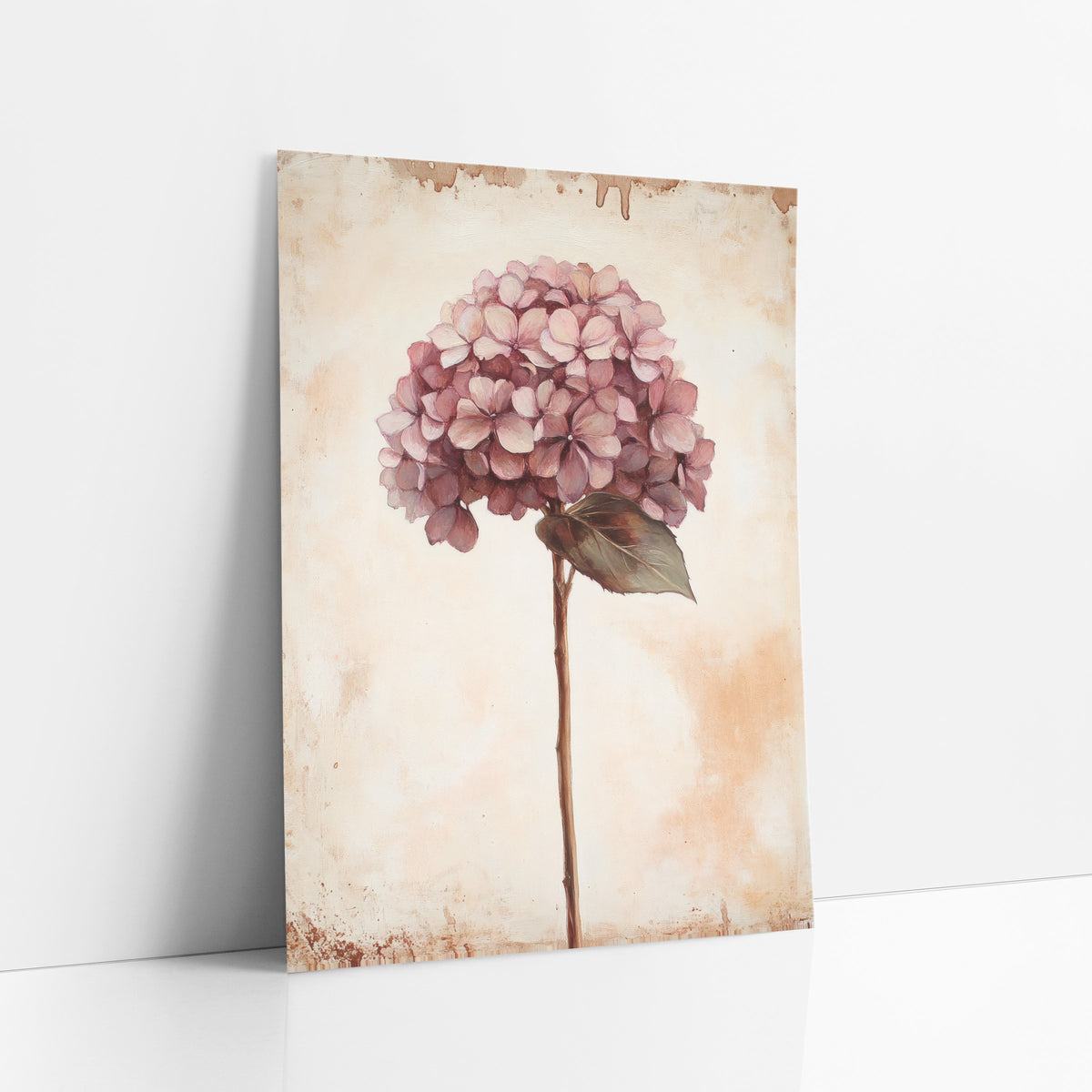 Mauve Hydrangea Broad Leaf Classic art print leaning against a white wall – dusty rose hydrangea bloom on a slender stem