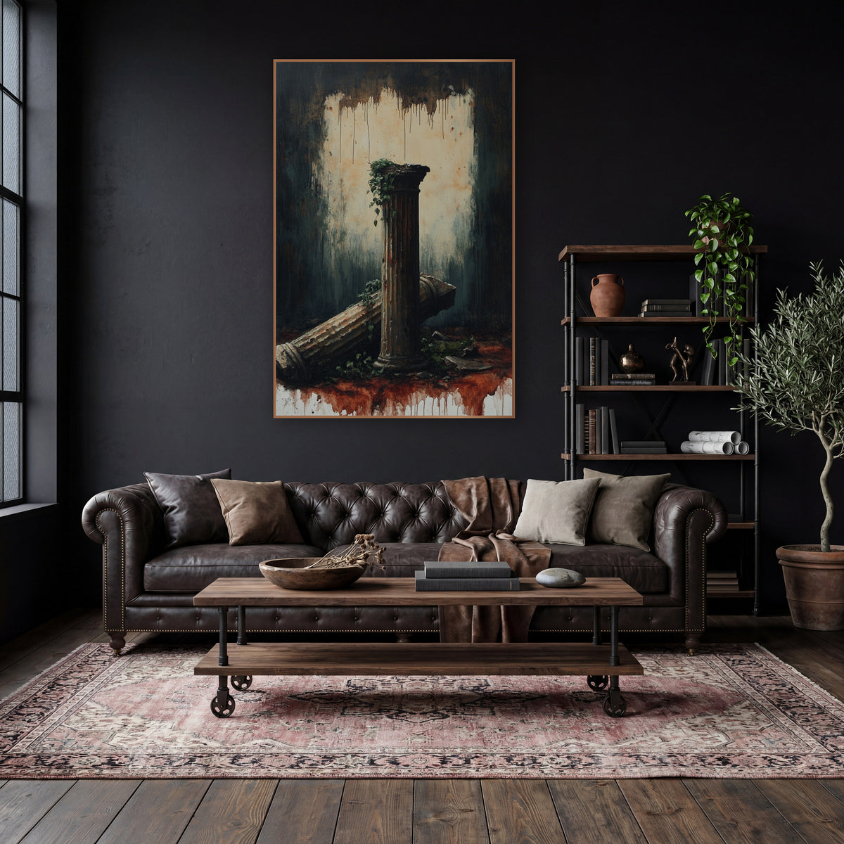 Rust Drip Column Ruin Moody wall art in a moody dark academia room – dark academia scene of a standing fluted column
