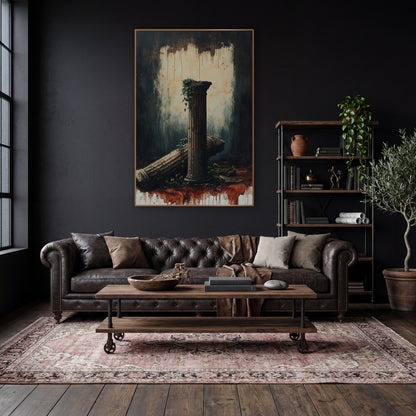 Rust Drip Column Ruin Moody wall art in a moody dark academia room – dark academia scene of a standing fluted column