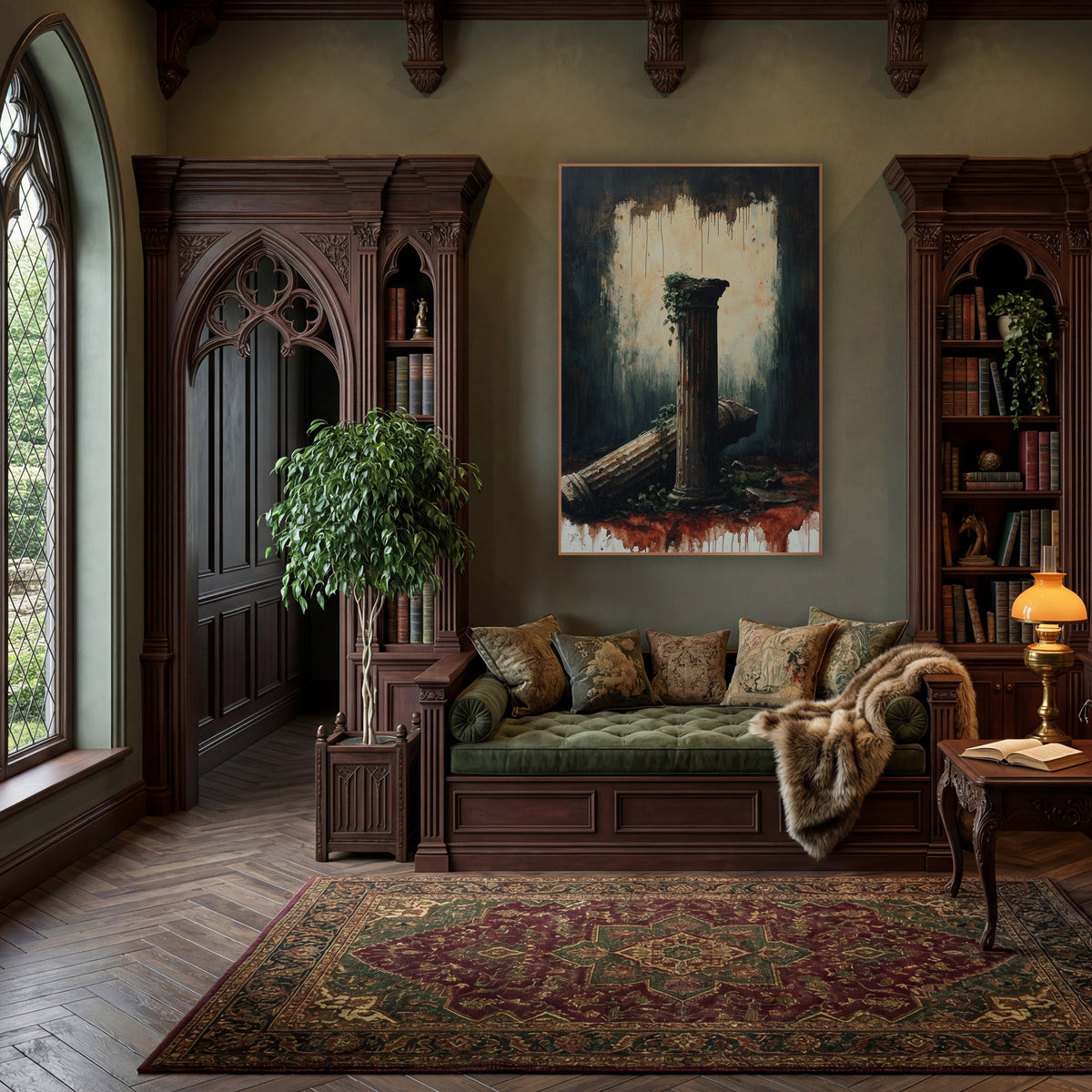 Rust Drip Column Ruin Moody wall art in a moody dark academia room – dark academia scene of a standing fluted column