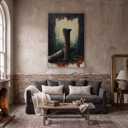 Rust Drip Column Ruin Moody wall art in a moody dark academia room – dark academia scene of a standing fluted column