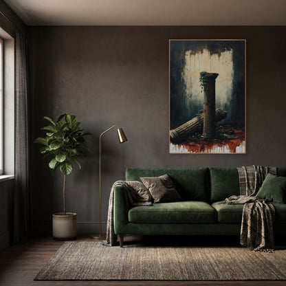 Rust Drip Column Ruin Moody wall art in a moody dark academia room – dark academia scene of a standing fluted column