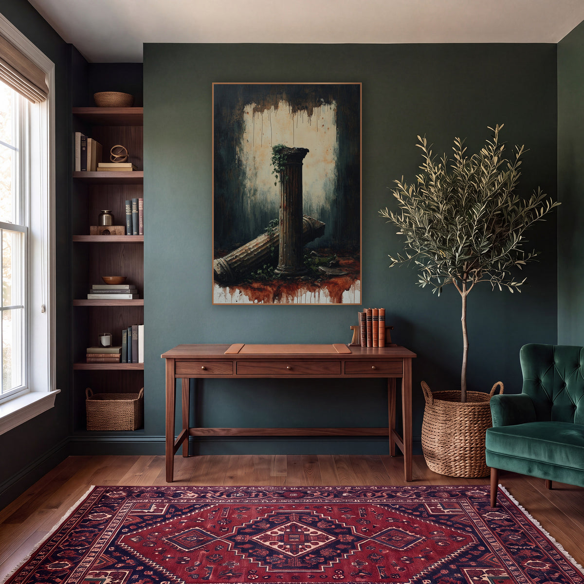 Rust Drip Column Ruin Moody wall art in a moody dark academia room – dark academia scene of a standing fluted column