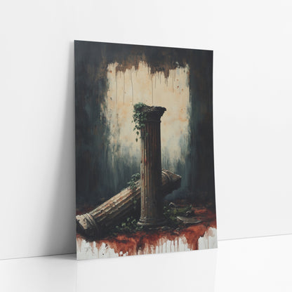 Rust Drip Column Ruin Moody art print leaning against a white wall – dark academia scene of a standing fluted column