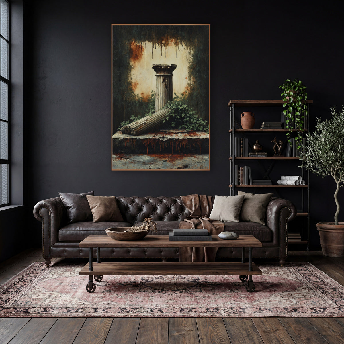 Ivy Fallen Column Ruins Gothic wall art in a moody dark academia room – fallen fluted column on a cracked stone slab