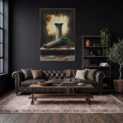 Ivy Fallen Column Ruins Gothic wall art in a moody dark academia room – fallen fluted column on a cracked stone slab