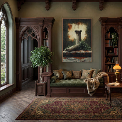 Ivy Fallen Column Ruins Gothic wall art in a moody dark academia room – fallen fluted column on a cracked stone slab