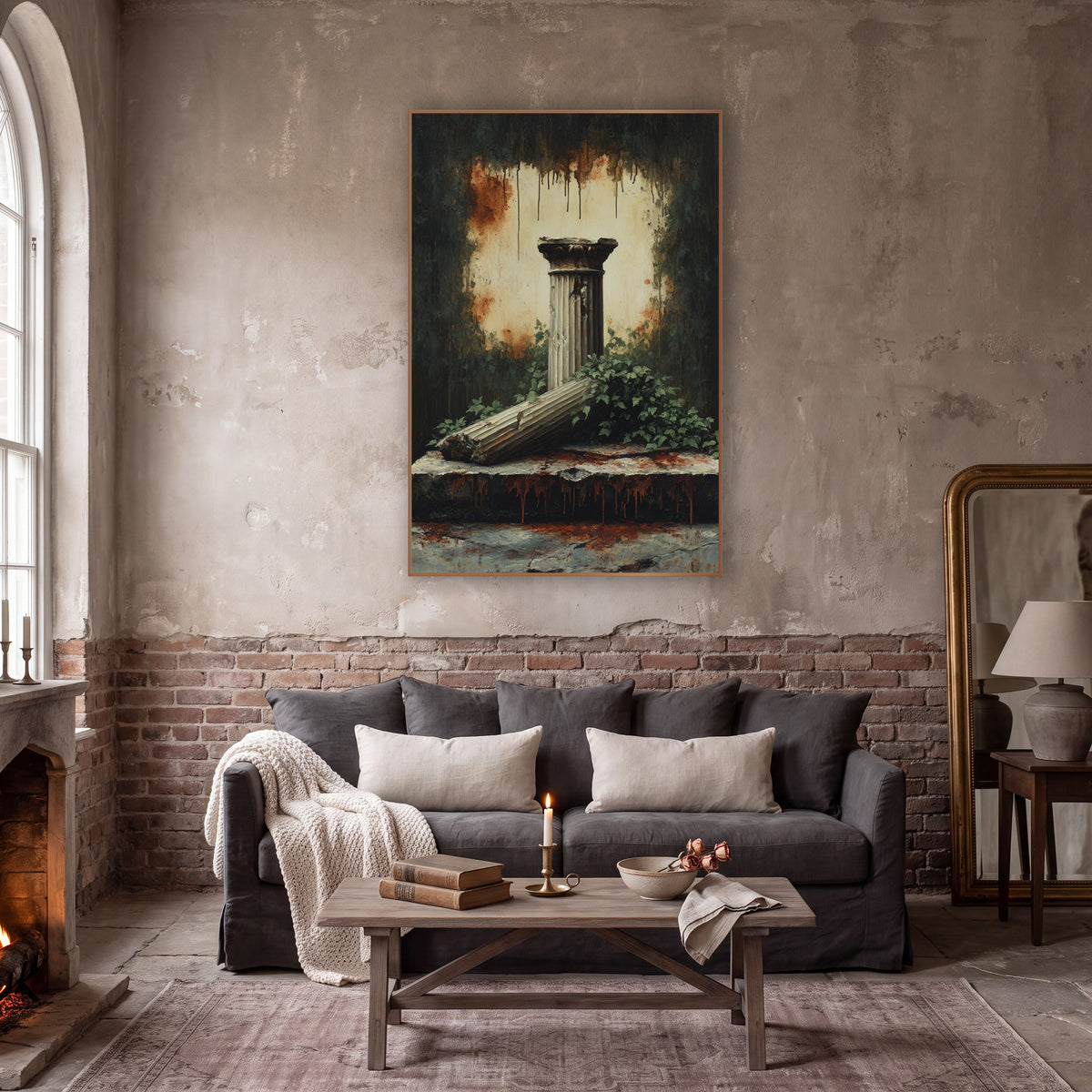 Ivy Fallen Column Ruins Gothic wall art in a moody dark academia room – fallen fluted column on a cracked stone slab