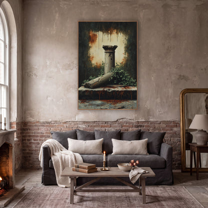 Ivy Fallen Column Ruins Gothic wall art in a moody dark academia room – fallen fluted column on a cracked stone slab