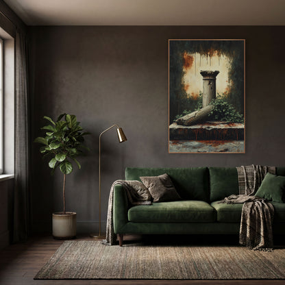 Ivy Fallen Column Ruins Gothic wall art in a moody dark academia room – fallen fluted column on a cracked stone slab