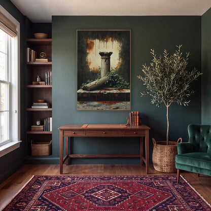 Ivy Fallen Column Ruins Gothic wall art in a moody dark academia room – fallen fluted column on a cracked stone slab