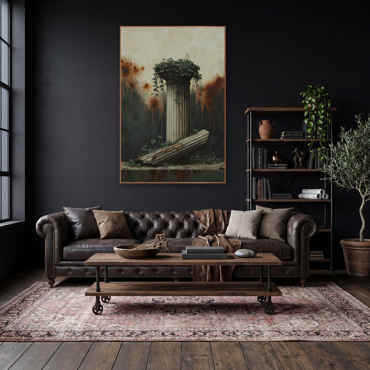 Ivy Crowned Pillar Slab Classic wall art in a moody dark academia room – fluted classical column topped with ivy