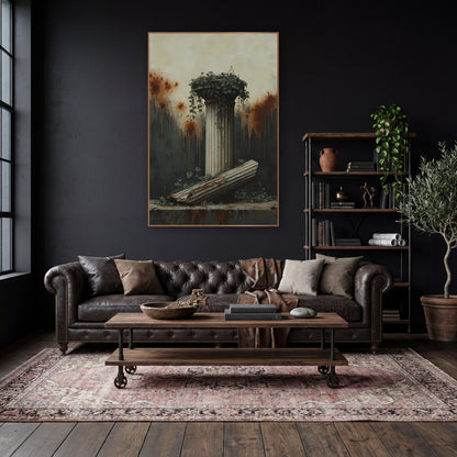 Ivy Crowned Pillar Slab Classic wall art in a moody dark academia room – fluted classical column topped with ivy