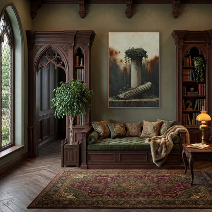 Ivy Crowned Pillar Slab Classic wall art in a moody dark academia room – fluted classical column topped with ivy