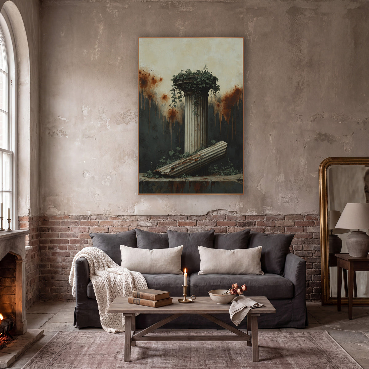 Ivy Crowned Pillar Slab Classic wall art in a moody dark academia room – fluted classical column topped with ivy