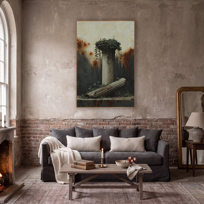 Ivy Crowned Pillar Slab Classic wall art in a moody dark academia room – fluted classical column topped with ivy