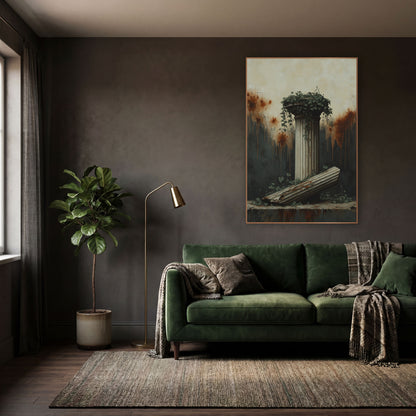Ivy Crowned Pillar Slab Classic wall art in a moody dark academia room – fluted classical column topped with ivy