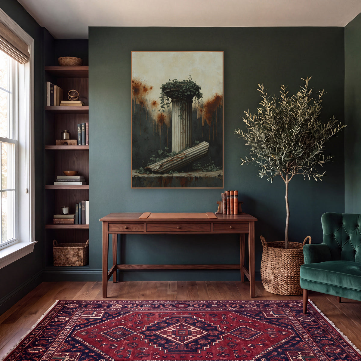 Ivy Crowned Pillar Slab Classic wall art in a moody dark academia room – fluted classical column topped with ivy