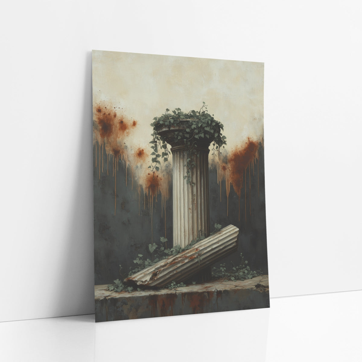 Ivy Crowned Pillar Slab Classic art print leaning against a white wall – fluted classical column topped with ivy
