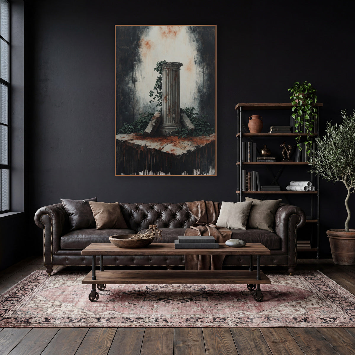 Column Cracked Pedestal Ruin Moody wall art in a moody dark academia room – fluted classical column with ivy
