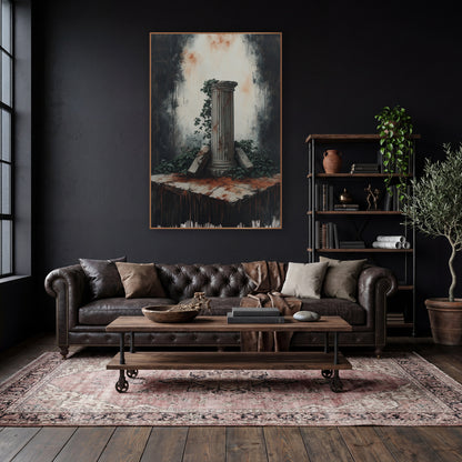 Column Cracked Pedestal Ruin Moody wall art in a moody dark academia room – fluted classical column with ivy