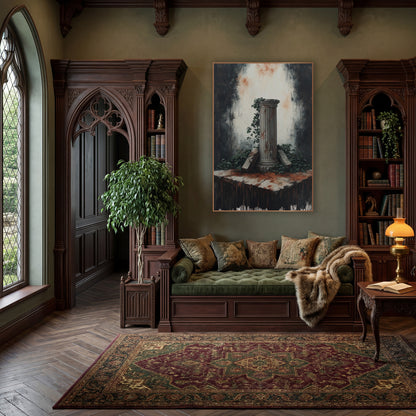 Column Cracked Pedestal Ruin Moody wall art in a moody dark academia room – fluted classical column with ivy