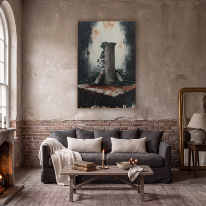 Column Cracked Pedestal Ruin Moody wall art in a moody dark academia room – fluted classical column with ivy