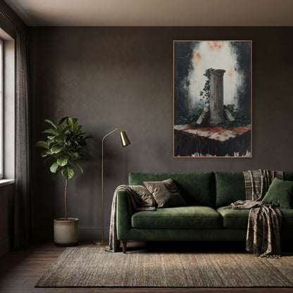 Column Cracked Pedestal Ruin Moody wall art in a moody dark academia room – fluted classical column with ivy